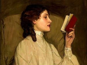 Image shows the painting 'Miss Auras' by Sir John Lavery, which depicts a woman reading a red book.